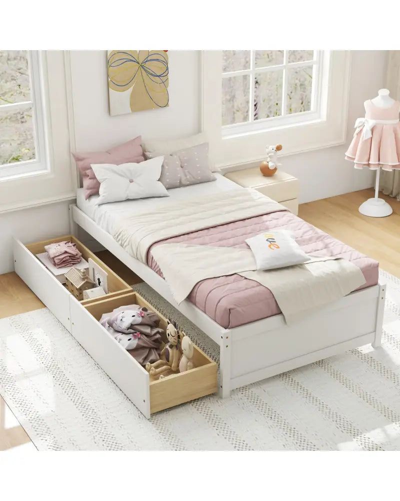Twin Size Captain Bed with 2 Drawers and Slats Support-White - White - Simple Bed Frame