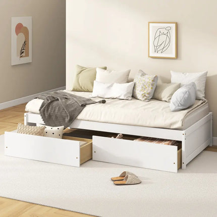 Twin Size Captain Bed with 2 Drawers and Slats Support-White - White - Simple Bed Frame