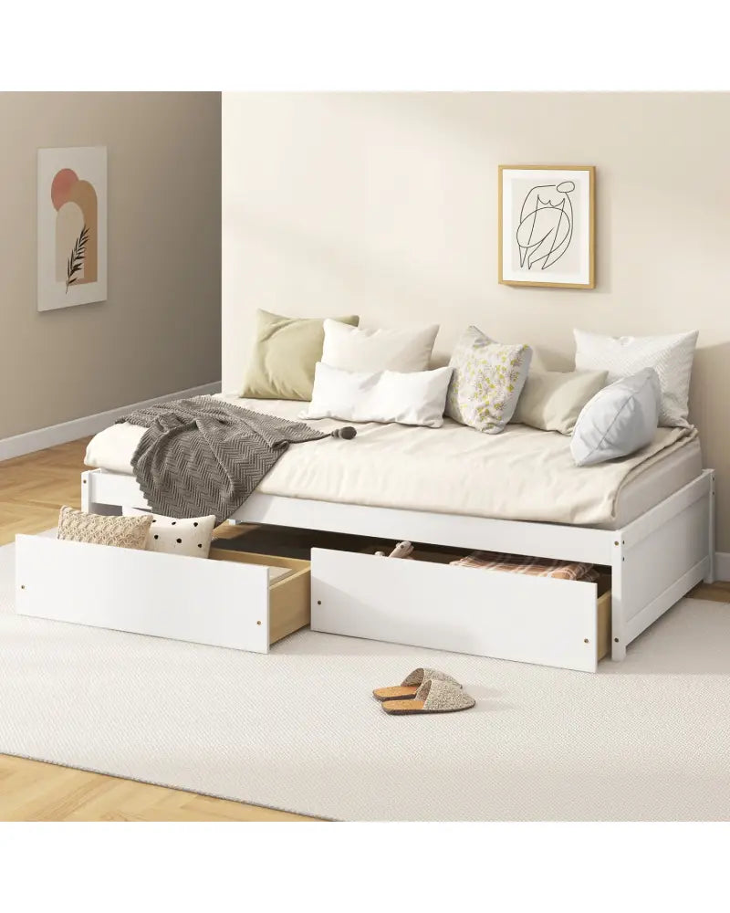 Twin Size Captain Bed with 2 Drawers and Slats Support-White - White - Simple Bed Frame