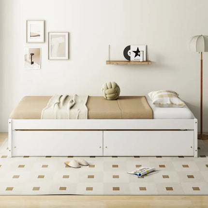 Twin Size Captain Bed with 2 Drawers and Slats Support-White - White - Simple Bed Frame