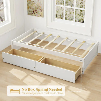 Twin Size Captain Bed with 2 Drawers and Slats Support-White - White - Simple Bed Frame