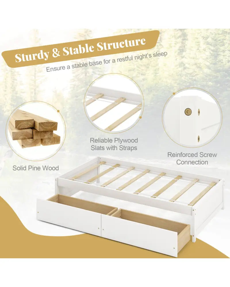 Twin Size Captain Bed with 2 Drawers and Slats Support-White - White - Simple Bed Frame