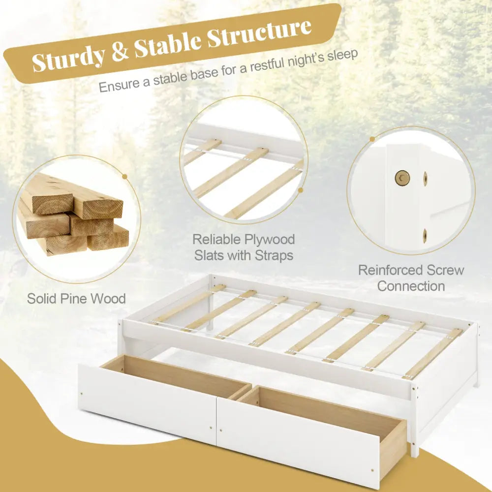 Twin Size Captain Bed with 2 Drawers and Slats Support-White - White - Simple Bed Frame
