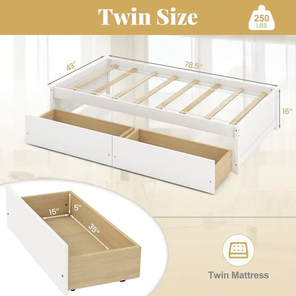 Twin Size Captain Bed with 2 Drawers and Slats Support-White - White - Simple Bed Frame
