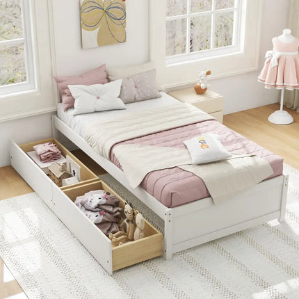 Twin Size Captain Bed with 2 Drawers and Slats Support-White - White - Simple Bed Frame