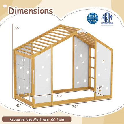 Twin Size Climbing Bed 2-in-1 Montessori Floor Bed with Monkey Bars-Natural and White - Natural & White - Toddler Beds