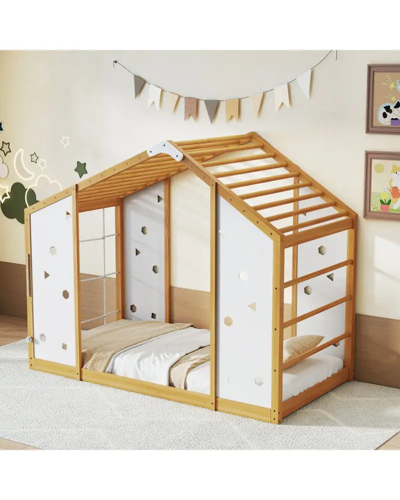 Twin Size Climbing Bed 2-in-1 Montessori Floor Bed with Monkey Bars-Natural and White - Natural & White - Toddler Beds