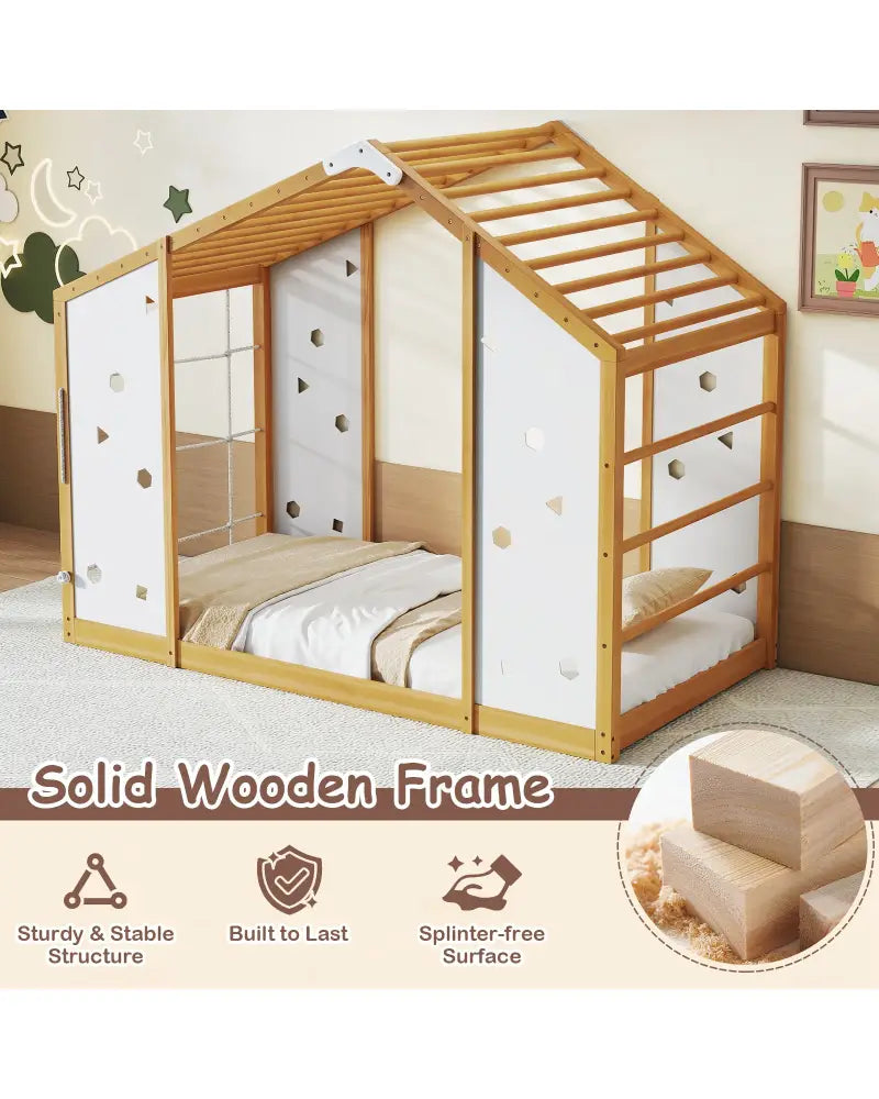 Twin Size Climbing Bed 2-in-1 Montessori Floor Bed with Monkey Bars-Natural and White - Natural & White - Toddler Beds