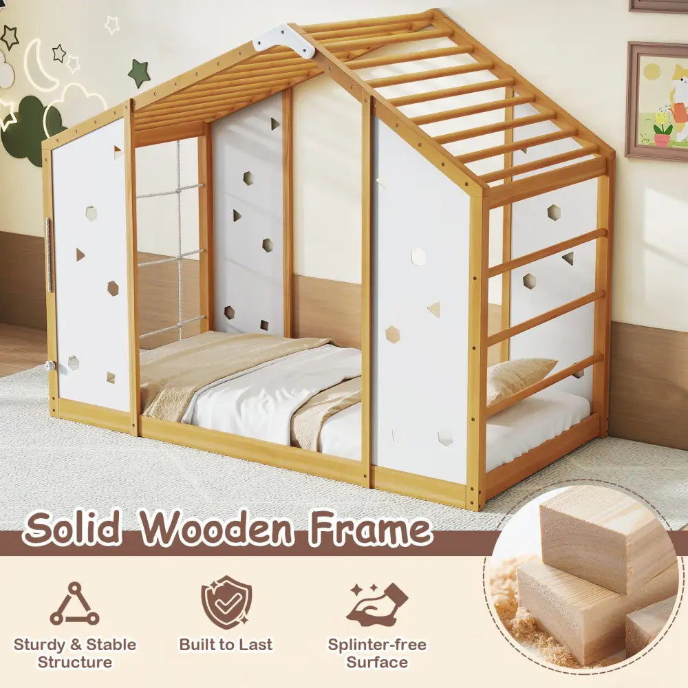 Twin Size Climbing Bed 2-in-1 Montessori Floor Bed with Monkey Bars-Natural and White - Natural & White - Toddler Beds