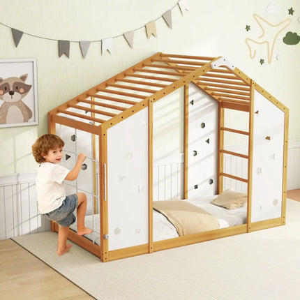 Twin Size Climbing Bed 2-in-1 Montessori Floor Bed with Monkey Bars-Natural and White - Natural & White - Toddler Beds