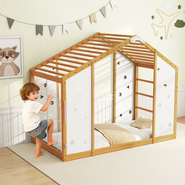 Twin Size Climbing Bed 2-in-1 Montessori Floor Bed with Monkey Bars-Natural and White - Natural & White - Toddler Beds