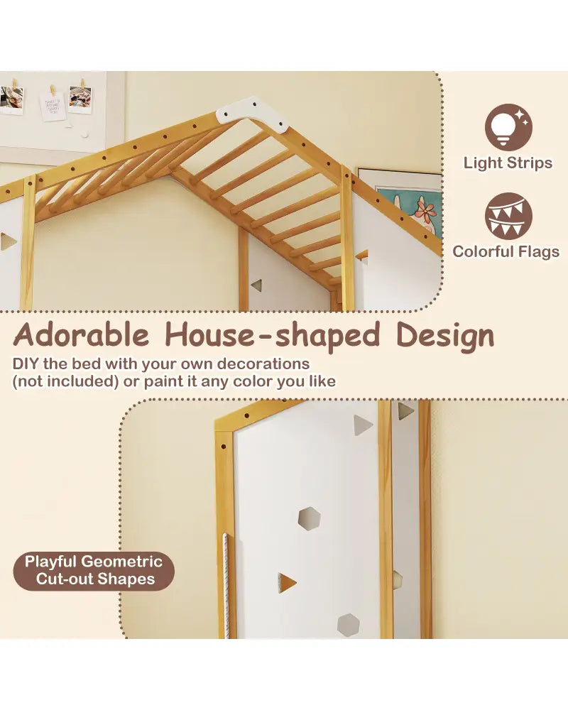 Twin Size Climbing Bed 2-in-1 Montessori Floor Bed with Monkey Bars-Natural and White - Natural & White - Toddler Beds