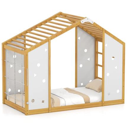 Twin Size Climbing Bed 2-in-1 Montessori Floor Bed with Monkey Bars-Natural and White - Natural & White - Toddler Beds