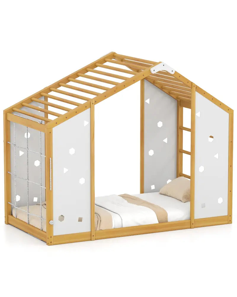 Twin Size Climbing Bed 2-in-1 Montessori Floor Bed with Monkey Bars-Natural and White - Natural & White - Toddler Beds