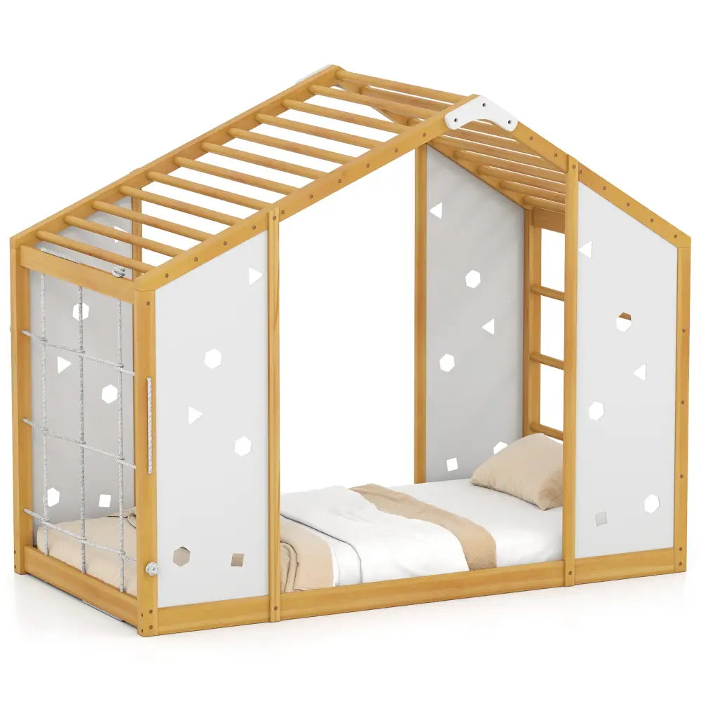 Twin Size Climbing Bed 2-in-1 Montessori Floor Bed with Monkey Bars-Natural and White - Natural & White - Toddler Beds