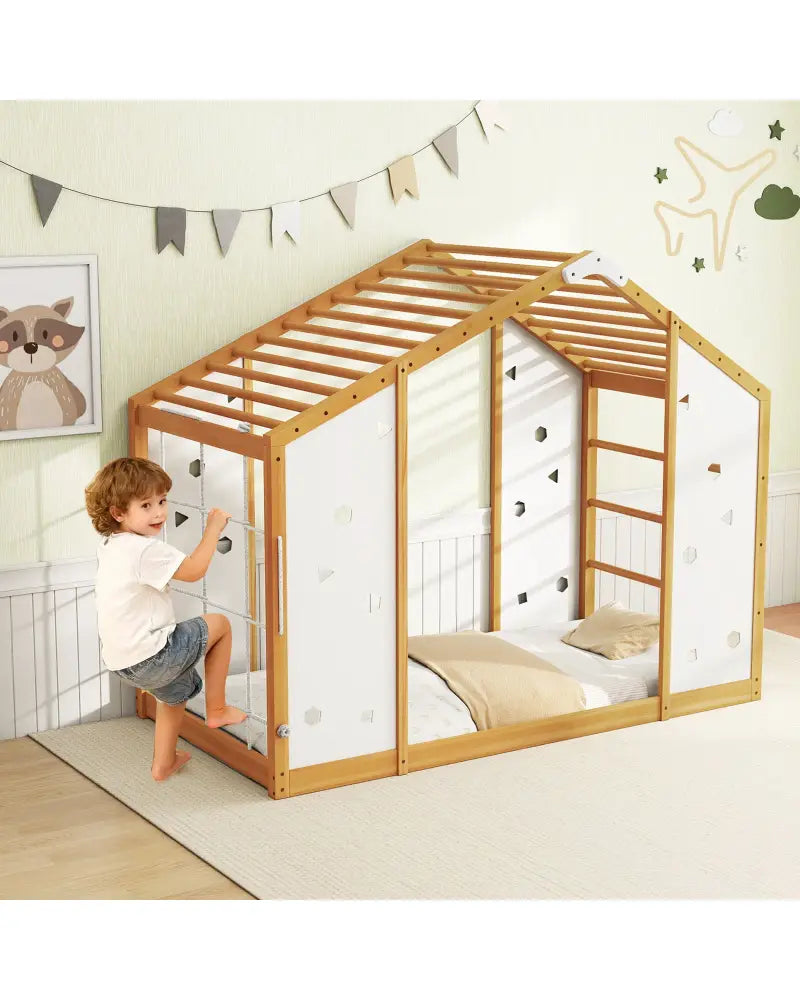 Twin Size Climbing Bed 2-in-1 Montessori Floor Bed with Monkey Bars-Natural and White - Natural & White - Toddler Beds