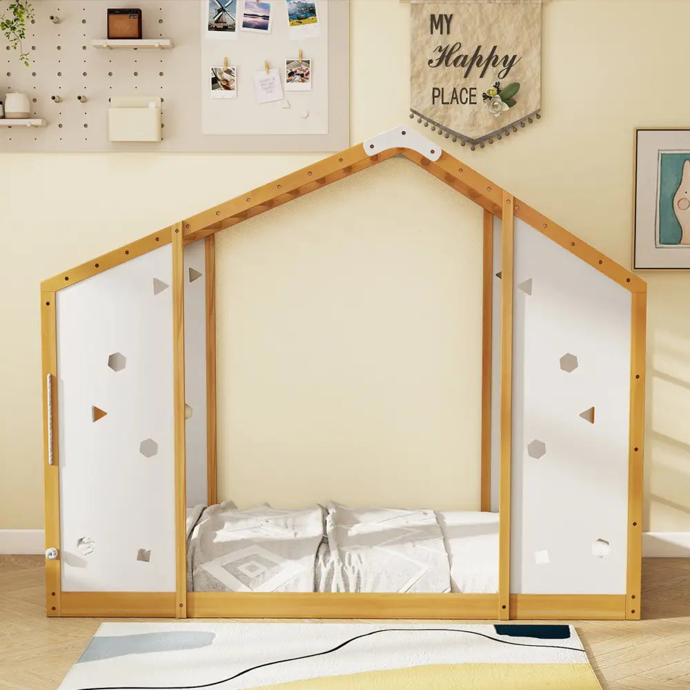 Twin Size Climbing Bed 2-in-1 Montessori Floor Bed with Monkey Bars-Natural and White - Natural & White - Toddler Beds