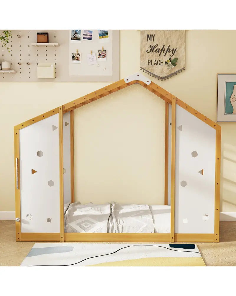 Twin Size Climbing Bed 2-in-1 Montessori Floor Bed with Monkey Bars-Natural and White - Natural & White - Toddler Beds