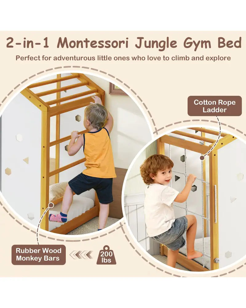 Twin Size Climbing Bed 2-in-1 Montessori Floor Bed with Monkey Bars-Natural and White - Natural & White - Toddler Beds