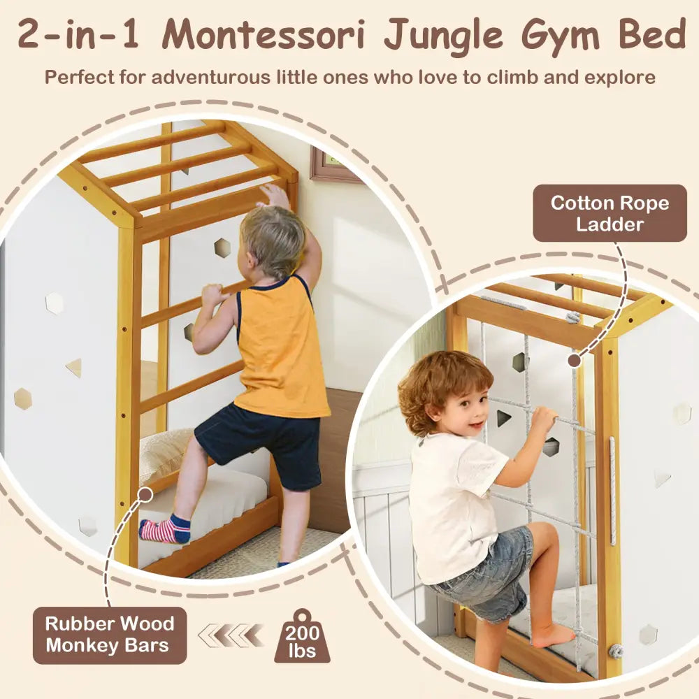 Twin Size Climbing Bed 2-in-1 Montessori Floor Bed with Monkey Bars-Natural and White - Natural & White - Toddler Beds