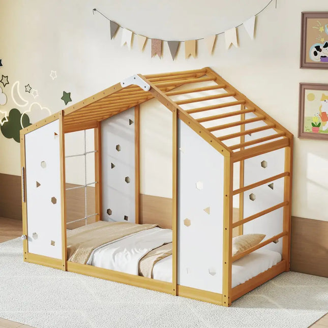 Twin Size Climbing Bed 2-in-1 Montessori Floor Bed with Monkey Bars-Natural and White - Natural & White - Toddler Beds