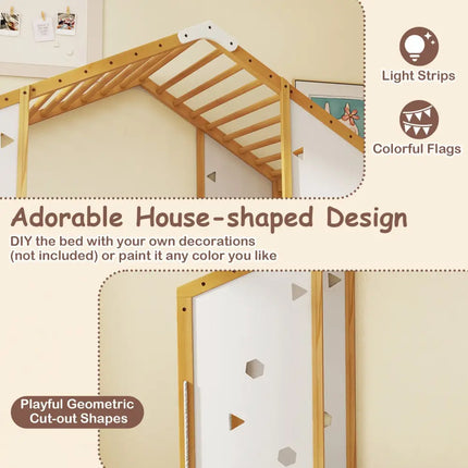 Twin Size Climbing Bed 2-in-1 Montessori Floor Bed with Monkey Bars-Natural and White - Natural & White - Toddler Beds