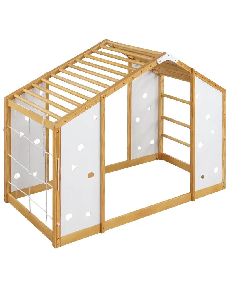 Twin Size Climbing Bed 2-in-1 Montessori Floor Bed with Monkey Bars-Natural and White - Natural & White - Toddler Beds