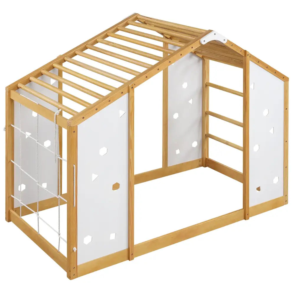 Twin Size Climbing Bed 2-in-1 Montessori Floor Bed with Monkey Bars-Natural and White - Natural & White - Toddler Beds