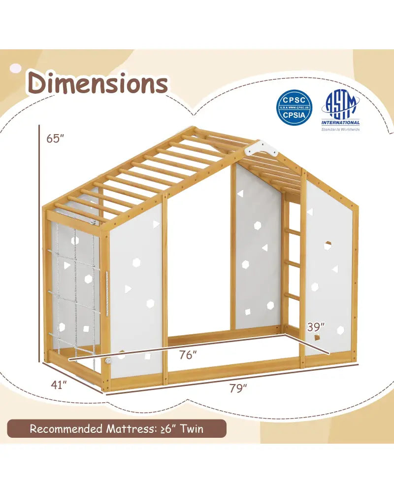 Twin Size Climbing Bed 2-in-1 Montessori Floor Bed with Monkey Bars-Natural and White - Natural & White - Toddler Beds