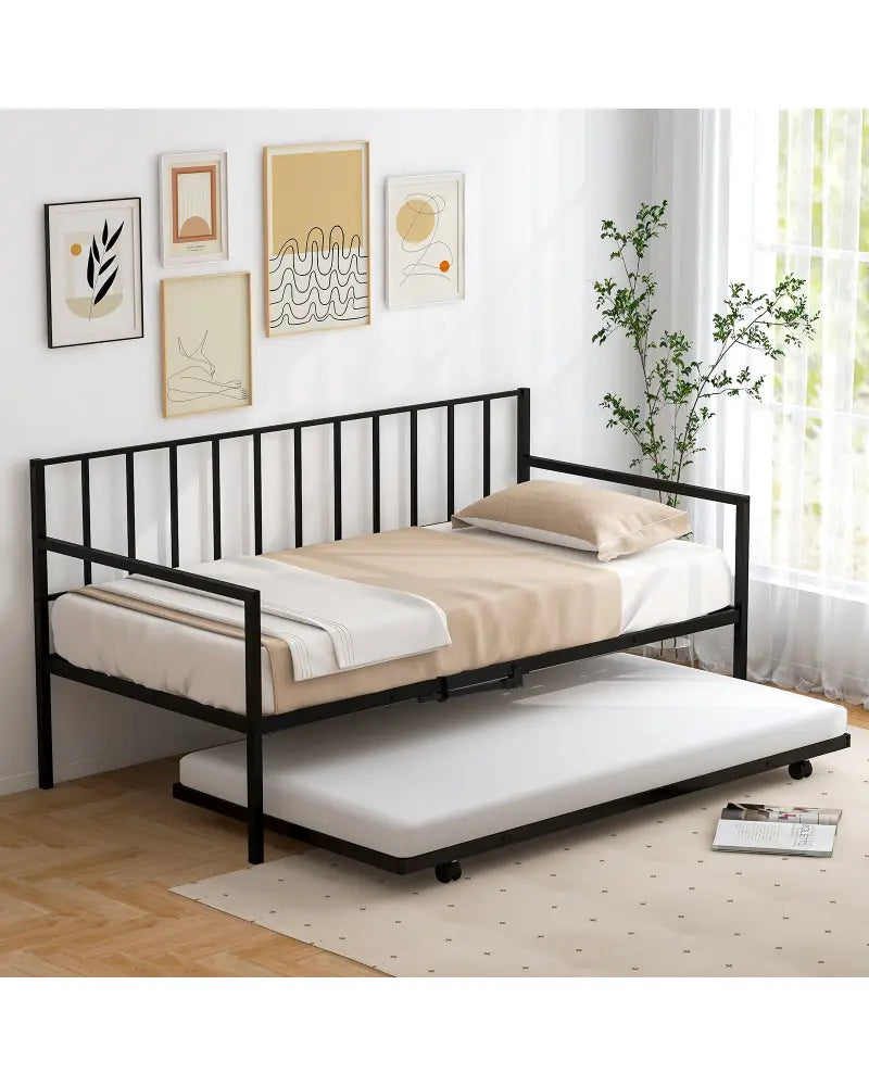 Twin Size Daybed and Trundle Frame Set Trundle Bedframe - Black - Trundle Bed Frame