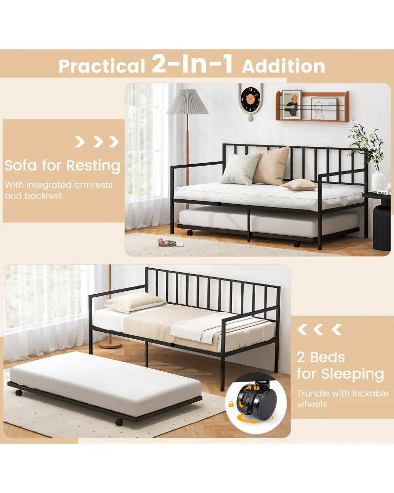 Twin Size Daybed and Trundle Frame Set Trundle Bedframe - Black - Trundle Bed Frame
