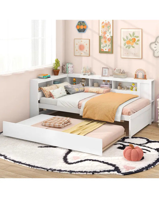 Twin Size Daybed Platform Bed Frame with Trundle and Bedside Shelves-White - White - Trundle Bed Frame