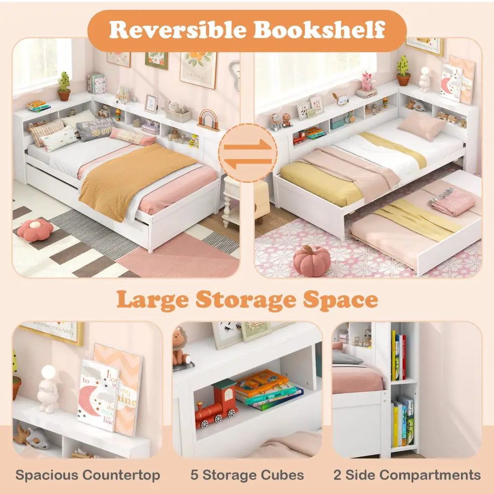 Twin Size Daybed Platform Bed Frame with Trundle and Bedside Shelves-White - White - Trundle Bed Frame