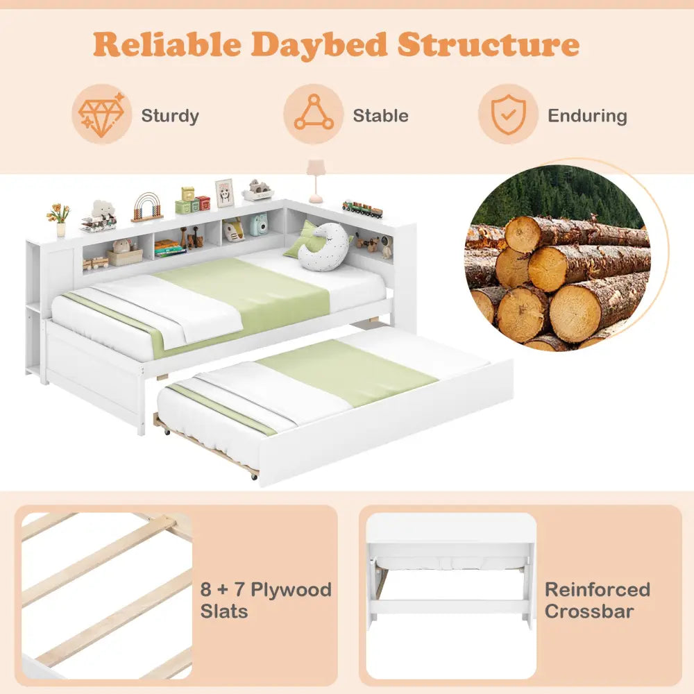 Twin Size Daybed Platform Bed Frame with Trundle and Bedside Shelves-White - White - Trundle Bed Frame