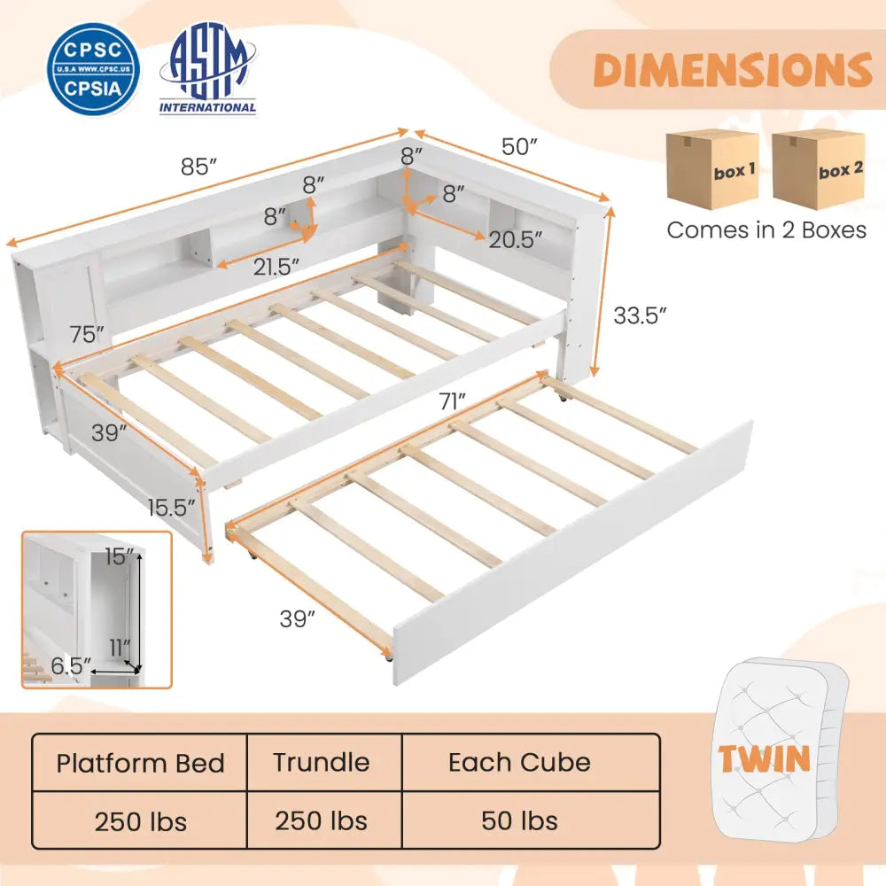 Twin Size Daybed Platform Bed Frame with Trundle and Bedside Shelves-White - White - Trundle Bed Frame
