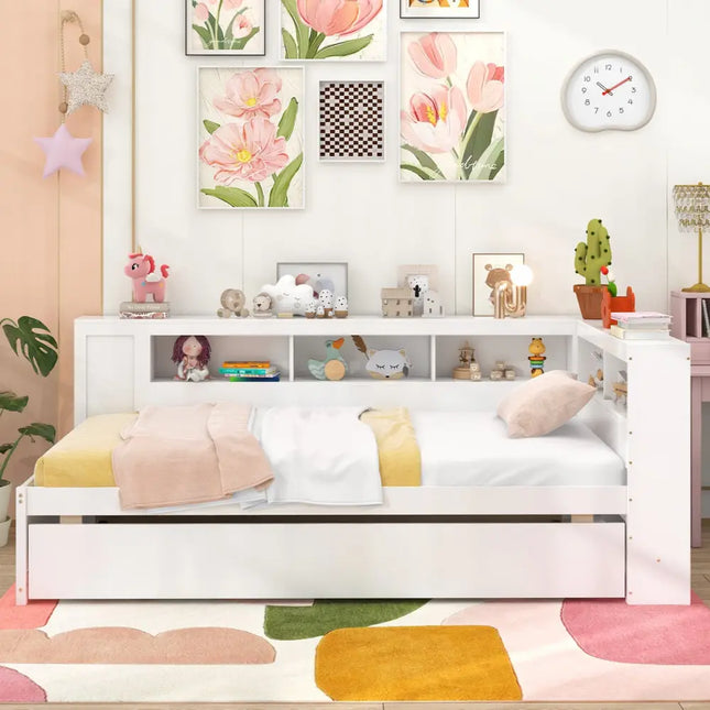Twin Size Daybed Platform Bed Frame with Trundle and Bedside Shelves-White - White - Trundle Bed Frame