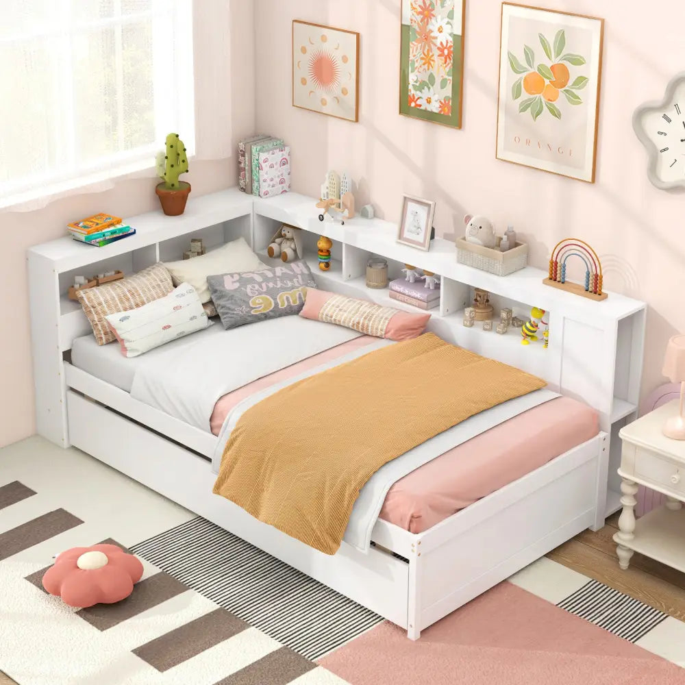 Twin Size Daybed Platform Bed Frame with Trundle and Bedside Shelves-White - White - Trundle Bed Frame