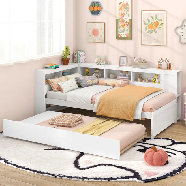Twin Size Daybed Platform Bed Frame with Trundle and Bedside Shelves-White - White - Trundle Bed Frame