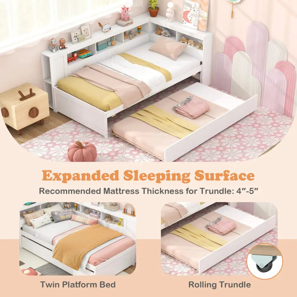 Twin Size Daybed Platform Bed Frame with Trundle and Bedside Shelves-White - White - Trundle Bed Frame
