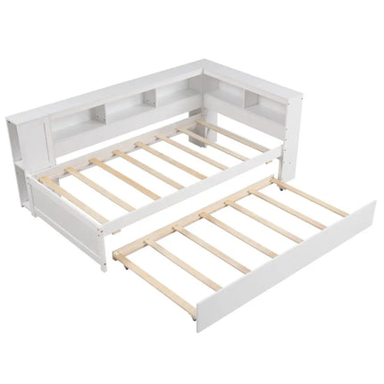 Twin Size Daybed Platform Bed Frame with Trundle and Bedside Shelves-White - White - Trundle Bed Frame