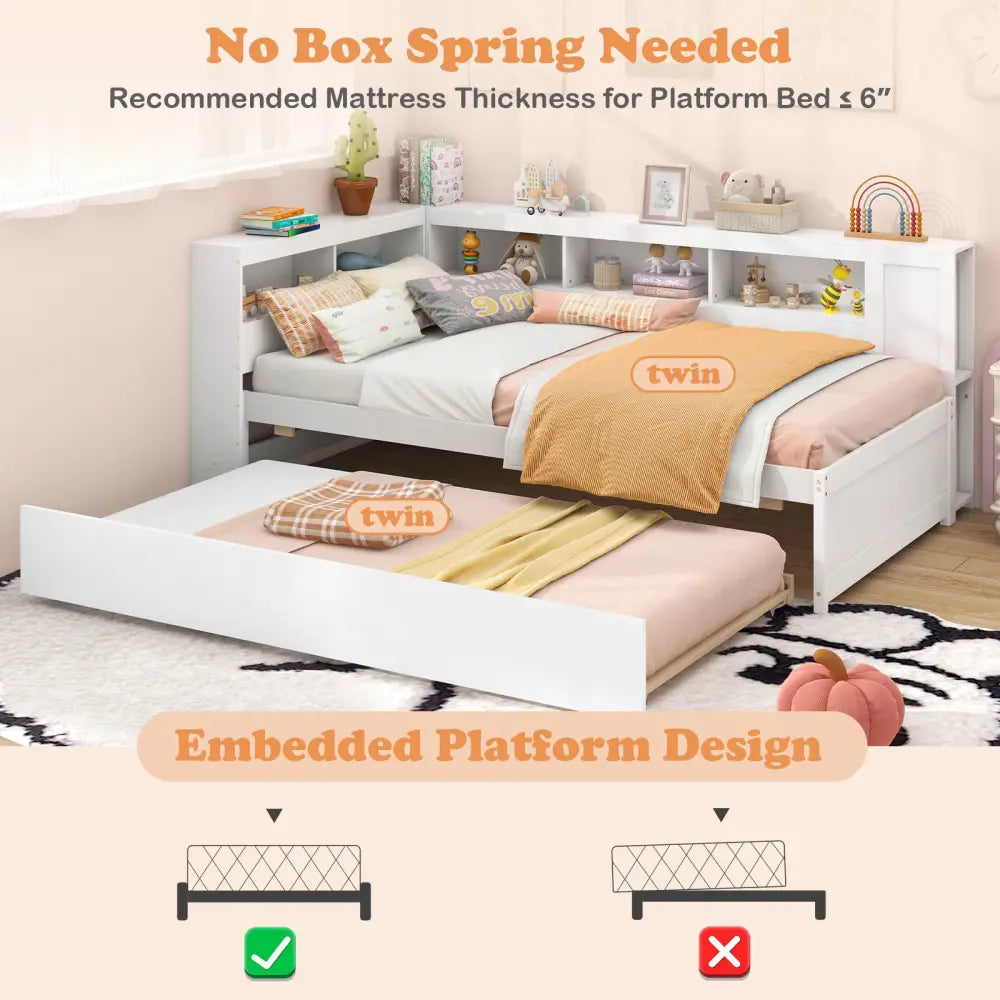 Twin Size Daybed Platform Bed Frame with Trundle and Bedside Shelves-White - White - Trundle Bed Frame