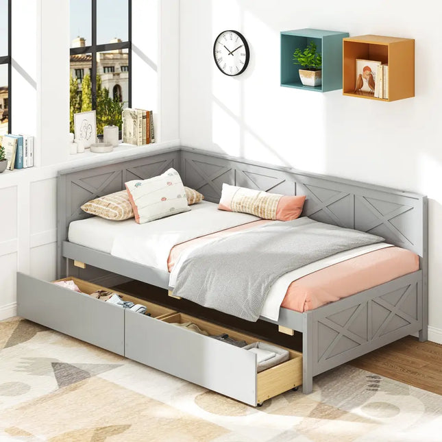 Twin Size Daybed with 2 Storage Drawers No Box Spring Needed-Gray - Gray - Trundle Bed Frame