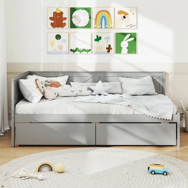 Twin Size Daybed with 2 Storage Drawers No Box Spring Needed-Gray - Gray - Trundle Bed Frame