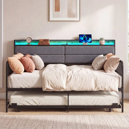 Twin Size Daybed with Trundle and Metal Bed Frame with Headboard-Rustic Brown - Rustic Brown - Trundle Bed Frame