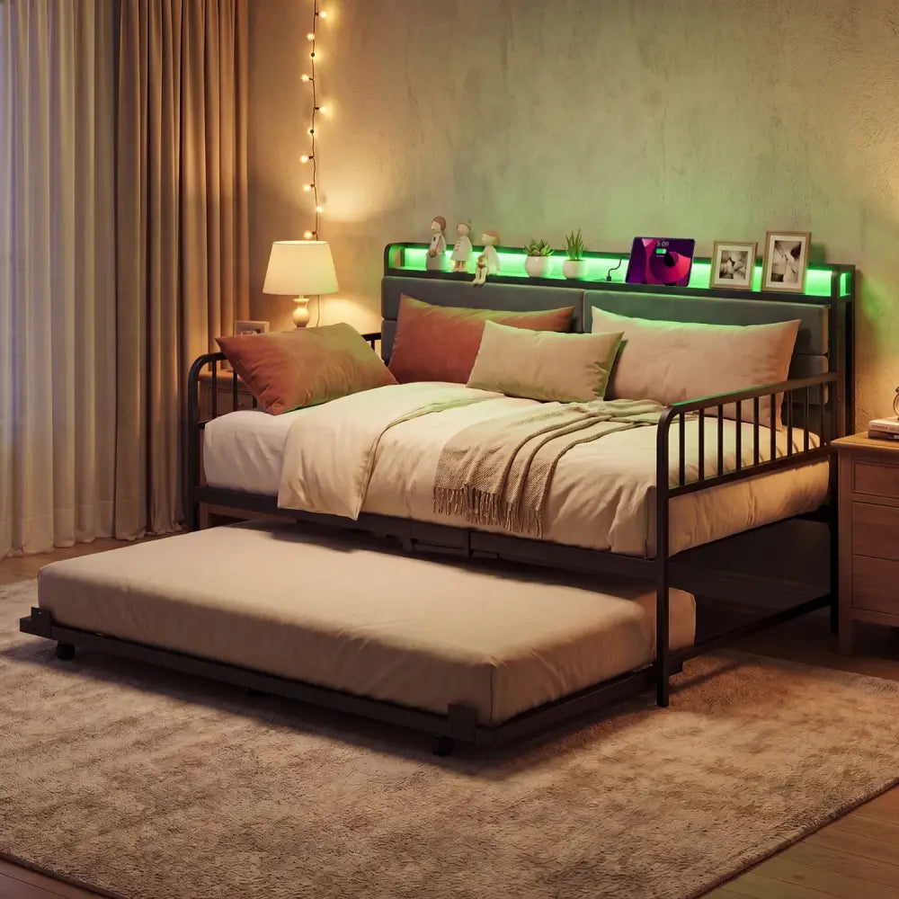 Twin Size Daybed with Trundle and Metal Bed Frame with Headboard-Rustic Brown - Rustic Brown - Trundle Bed Frame
