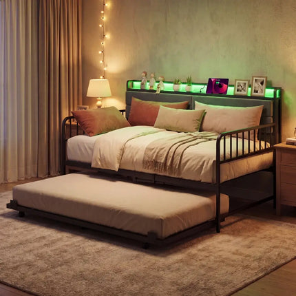 Twin Size Daybed with Trundle and Metal Bed Frame with Headboard-Rustic Brown - Rustic Brown - Trundle Bed Frame
