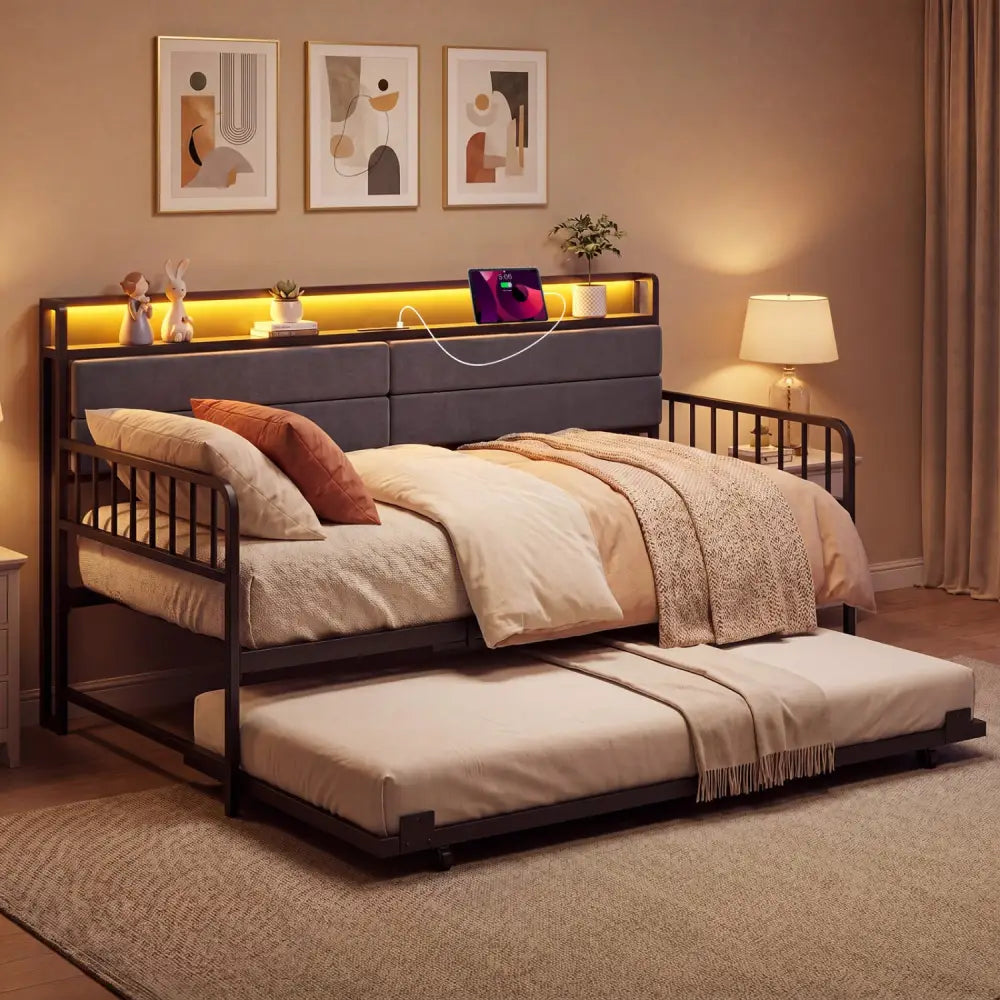 Twin Size Daybed with Trundle and Metal Bed Frame with Headboard-Rustic Brown - Rustic Brown - Trundle Bed Frame