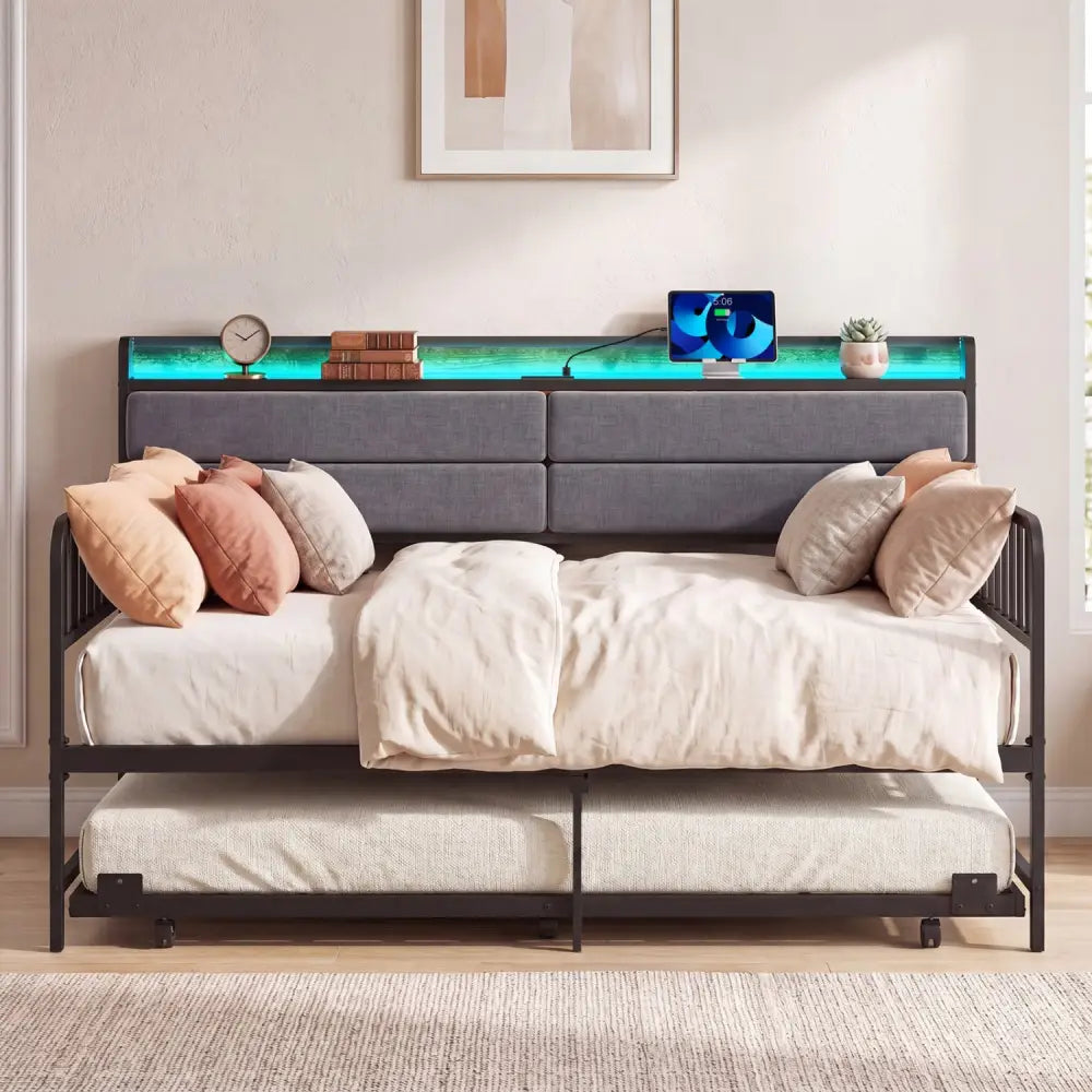 Twin Size Daybed with Trundle and Metal Bed Frame with Headboard-Rustic Brown - Rustic Brown - Trundle Bed Frame