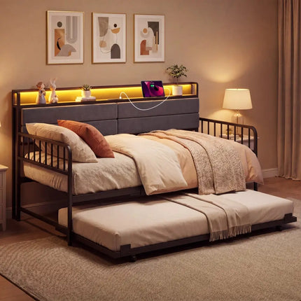 Twin Size Daybed with Trundle and Metal Bed Frame with Headboard-Rustic Brown - Rustic Brown - Trundle Bed Frame