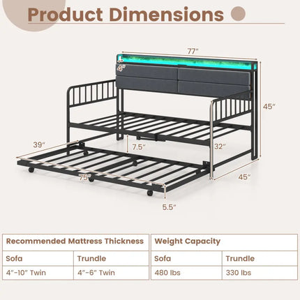 Twin Size Daybed with Trundle and Metal Bed Frame with Headboard-Rustic Brown - Rustic Brown - Trundle Bed Frame